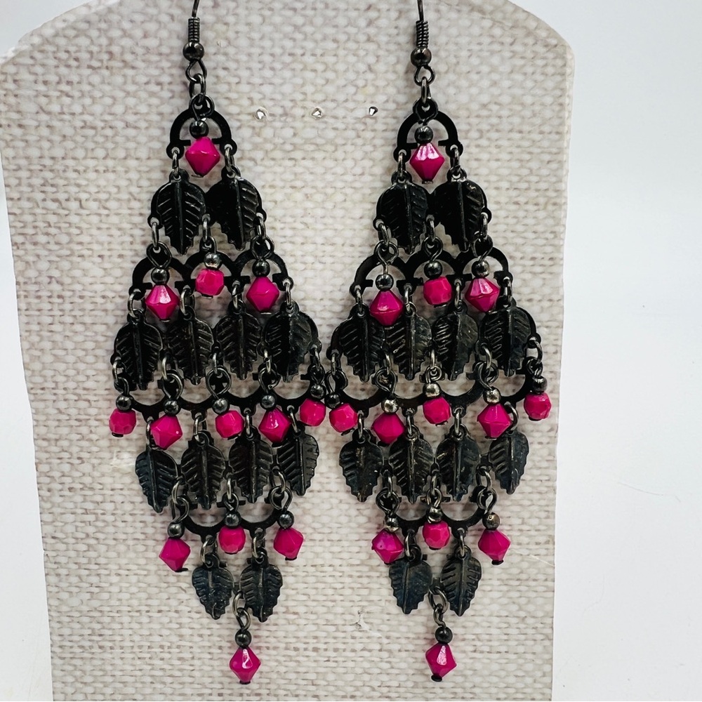 90s Maximalist Chandelier Earrings Dark Bronze Leaves & Pink Beads Whimsigoth